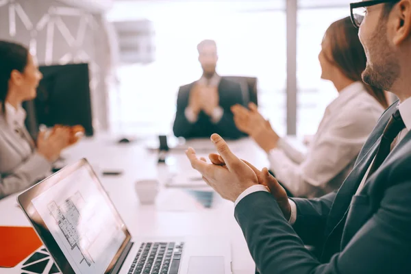 Group Businesspeople Sitting Boardroom Meeting Clapping — Stock Photo, Image