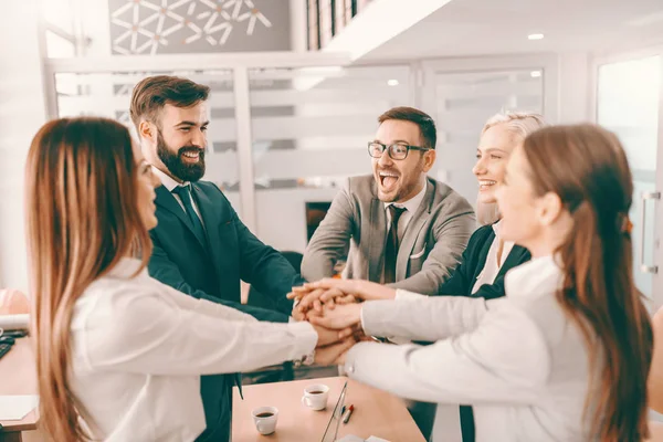 Group Cheerful Corporate Businesspeople Formal Wear Stacking Hands Meeting Boardroom — Stock Photo, Image