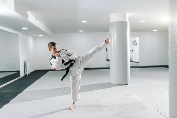Kaukasischer Junge Dobok Der Puppenyo Chagi Pose Tritt Taekwondo Trainingskonzept — Stockfoto