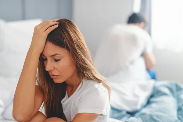 Sad Woman Sitting Bed Bedroom Morning Holding Head Fight Husband — Stock Photo, Image
