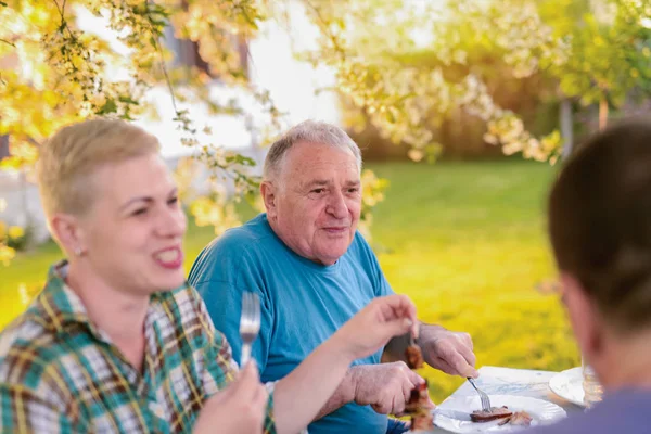Mutlu Bir Ailenin Arka Bahçelerinde Öğle Yemeği Yerken Resmi Yaşlı — Stok fotoğraf