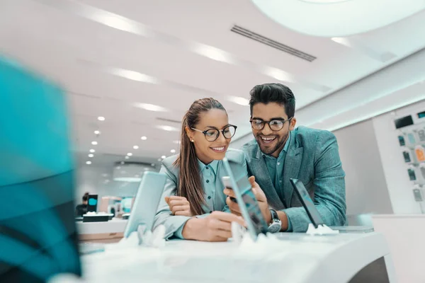 Smiling Cute Multicultural Couple Dressed Formal Eyeglasses Trying Out New — стоковое фото