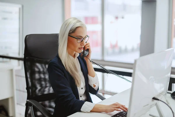 Young Caucasian Blonde Businesswoman Formal Wear Eyeglasses Typing Keyboard Having — 스톡 사진