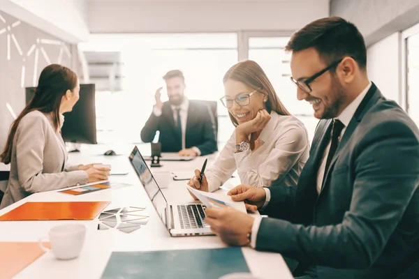 Two Cheerful Colleagues Formal Wear Solving Problem Looking Paperwork Background — Stock Photo, Image