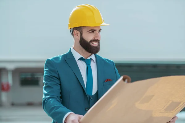 Young Attractive Successful Caucasian Bearded Architect Yellow Helmet Head Blue — 스톡 사진