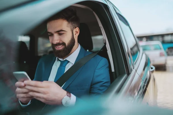 Young Smiling Handsome Caucasian Businessman Blue Suit Sitting His Expensive — ストック写真