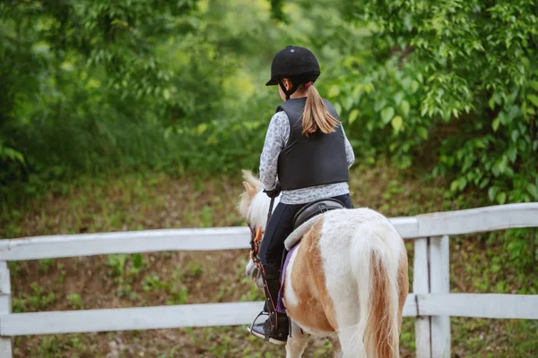 Caucasian Girl Helmet Protective Vest Riding Cute White Brown Pony — Stock Photo, Image