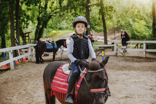 Playful Little Jockey Boy Riding Adorable Pony Sunny Day Ranch — Stock Photo, Image