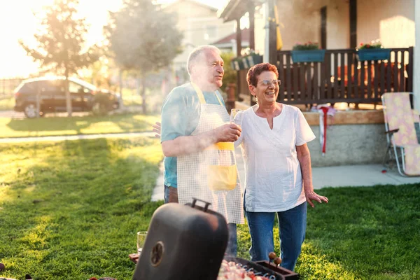 祖父母微笑着站在后院烧烤 家庭聚会概念 — 图库照片