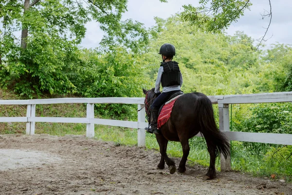 Playful Little Jockey Boy Riding Adorable Pony Sunny Day Ranch — Stock Photo, Image