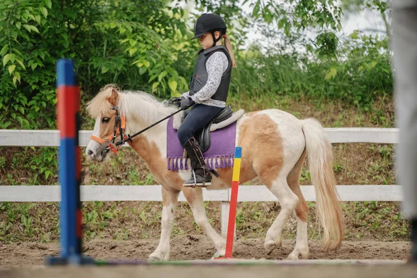 Caucasian Girl Helmet Protective Vest Riding Cute White Brown Pony — Stock Photo, Image