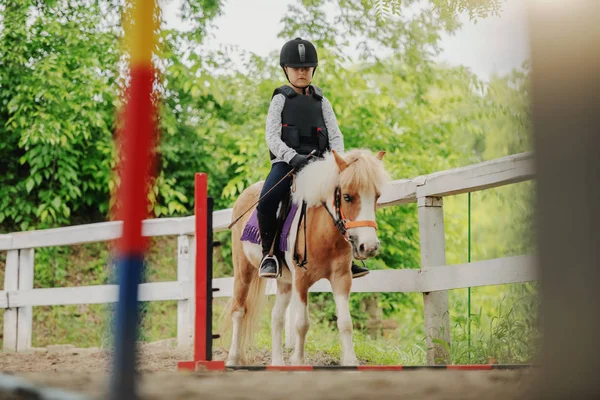 Caucasian Girl Helmet Protective Vest Riding Cute White Brown Pony — Stock Photo, Image