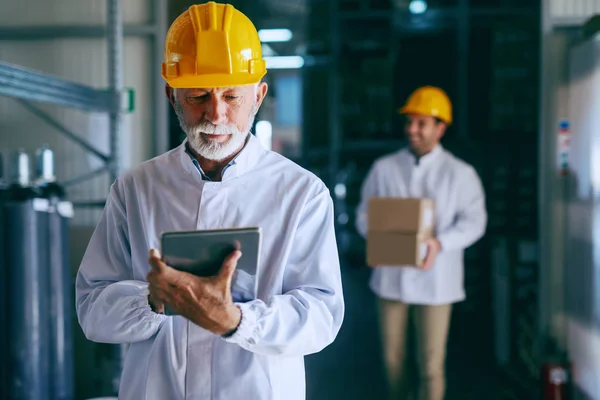 Porträt Eines Erwachsenen Lagerarbeiters Weißer Uniform Und Mit Helm Auf — Stockfoto