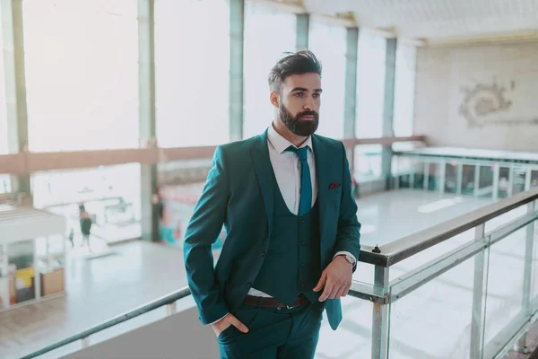 Young Handsome Pensive Bearded Caucasian Businessman Green Suit Leaning Railing — Stock Photo, Image