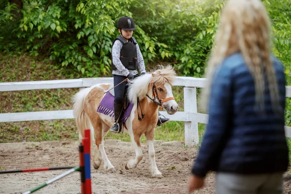 Caucasian Girl Helmet Protective Vest Riding Cute White Brown Pony — Stock Photo, Image