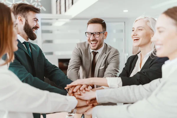 Group Cheerful Caucasian Business People Formal Wear Stacking Hands Presentation — Stock Photo, Image