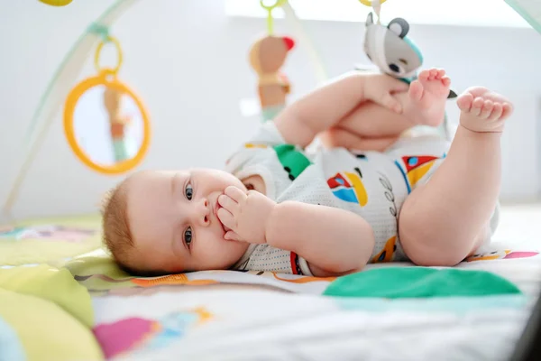 Side View Beautiful Six Months Old Boy Colorful Bodysuit Looking — Stock Photo, Image