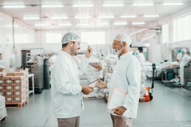Two supervisors talking about quality of food. Younger one holding tablet while older one holding folder with charts. Both are dressed in sterile uniforms and having hairnets. Food plant interior. clipart