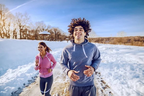 Handsome Caucasian Smiling Man Curly Hair Sportswear Running Nature His — Stock Photo, Image