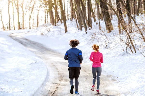 Vista Trasera Una Hermosa Pareja Caucásica Dedicada Corriendo Naturaleza Invierno —  Fotos de Stock