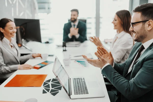 Positive Dedicated Business People Dressed Suits Clapping Successfully Done Job — Stock Photo, Image