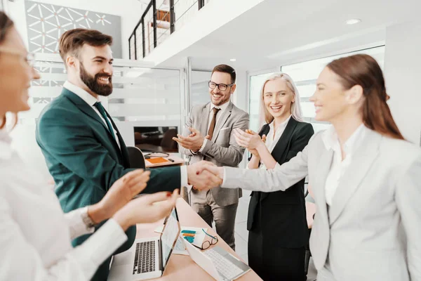 Two Cheerful Attractive Caucasian Young Business Partners Shaking Hands Boardroom — Stock Photo, Image