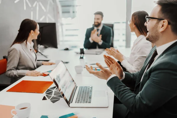 Positive Dedicated Business People Dressed Suits Clapping Successfully Done Job — Stock Photo, Image