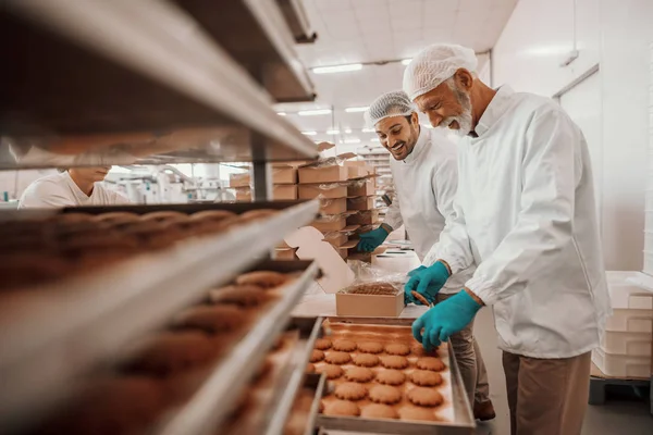 Two Hardworking Dedicated Caucasian Employees Dressed White Sterile Uniforms Collecting — Stock Photo, Image