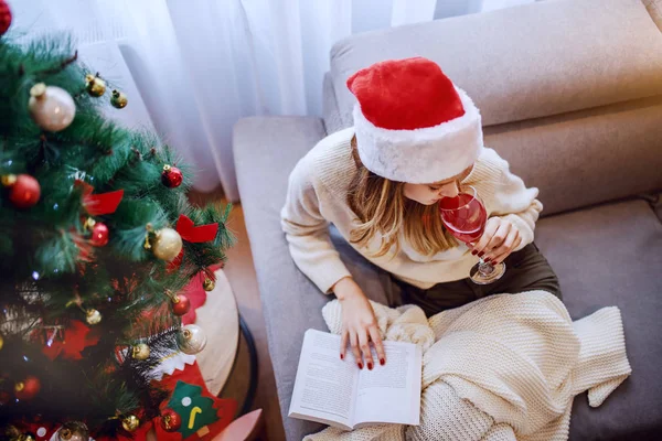 穿着毛衣 头戴圣诞礼帽 头戴圣诞礼帽 坐在圣诞树旁沙发上看书喝酒的美丽的高加索女青年的头像 — 图库照片