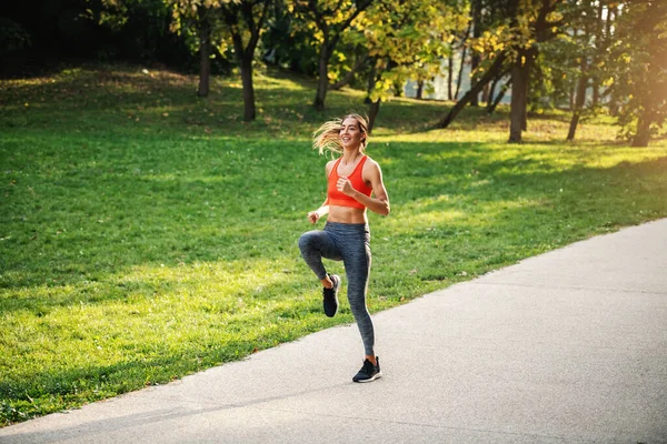 Full Length Young Handsome Slim Sportswoman Healthy Habits Running Nature — Stockfoto