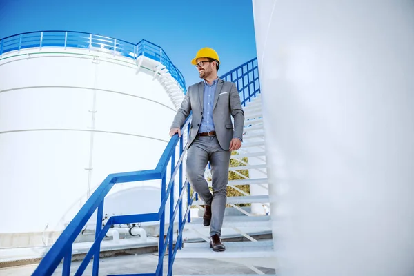 Full Length Handsome Caucasian Businessman Suit Helmet Head Going Stairs — Stock Photo, Image