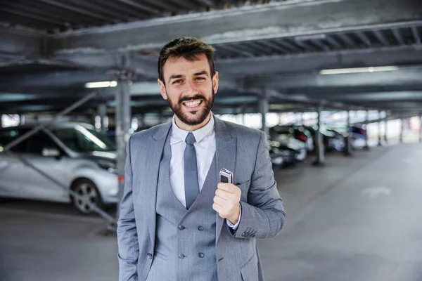 Young Smiling Handsome Man Suit Just Bought Car Holding His — Stock Photo, Image