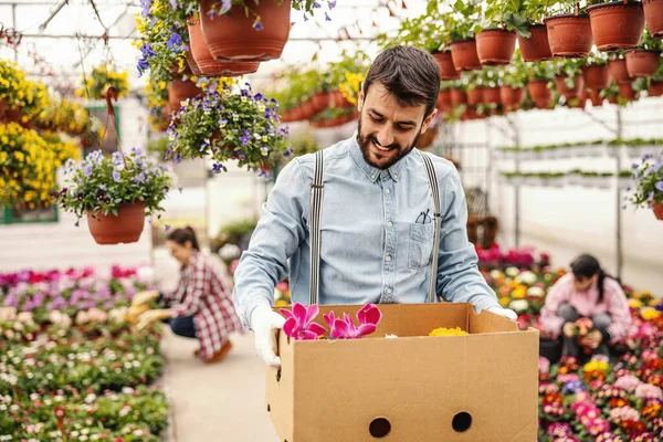 Jonge Knappe Bebaarde Kleine Ondernemer Die Een Doos Met Bloemen — Stockfoto