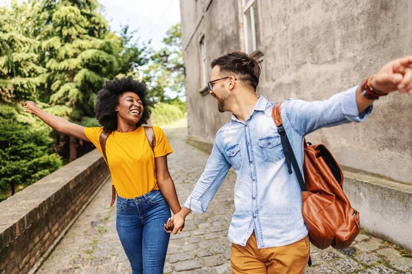 Young Cute Multicultural Couple Taking Walk Old Part Town — Stock Photo, Image