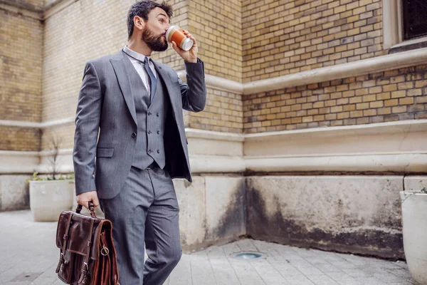 Full Length Handsome Businessman Drinking Coffee Disposable Cup Going Work — Stock Photo, Image