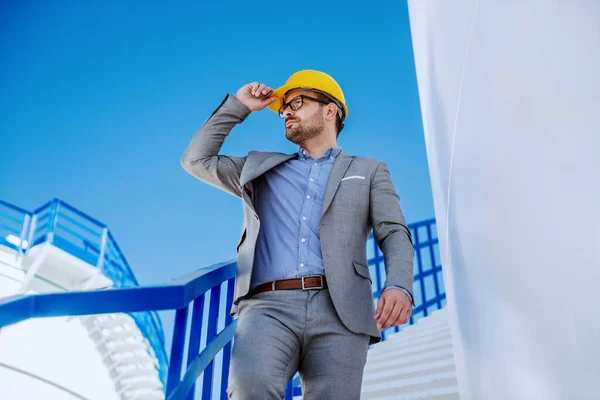 Young Rich Attractive Caucasian Businessman Suit Helmet Head Going Stairs — Stock Photo, Image