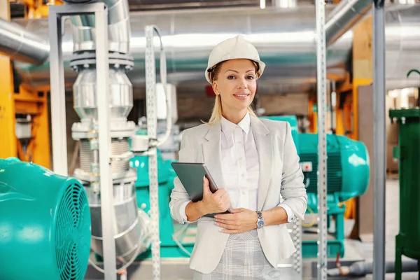 Erfolgreiche Ceo Mittleren Alters Anzug Mit Helm Auf Dem Kopf — Stockfoto