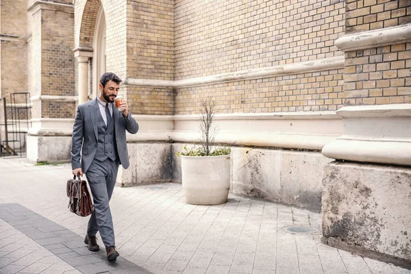 Full Length Handsome Businessman Drinking Coffee Disposable Cup Going Work — Stock Photo, Image