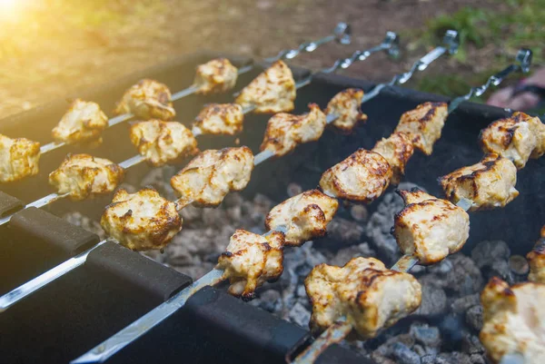 Κρέας κοτόπουλου για το σουβλάκι σε σχάρα mangal καυτό άνθρακα μαγείρεμα. — Φωτογραφία Αρχείου