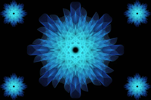 3D Blue Flower Line Art Ornament. Mandala Pattern For your design on a black background.