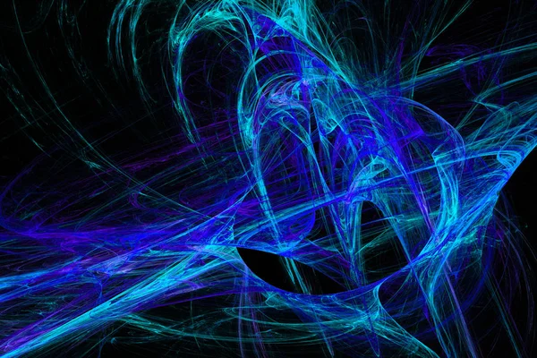 Reproduction abstraite au congélateur de forme fractale. Design de fumée bleue. Courbes de couleur sur fond noir . — Photo