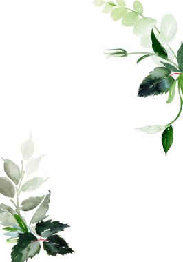 Düğün davetiyesi, tebrik kartı, suluboya resim, modern tarzda beyaz arka planda bitki unsurları..