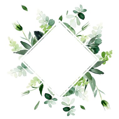 Düğün davetiyesi, tebrik kartı, suluboya resim, modern tarzda beyaz arka planda bitki unsurları..