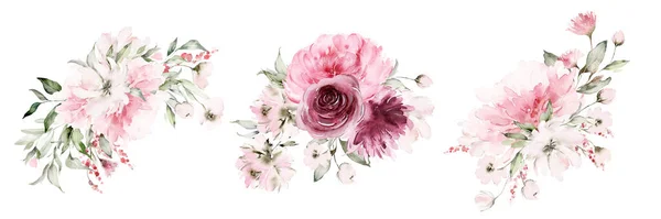 Set Aquarelboeketten Voor Kaarten Spandoeken Uitnodigingen Bruiloften Met Bloemen — Stockfoto