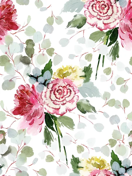 Seamless Summer Pattern Watercolor Flowers Handmade — Stock Photo, Image