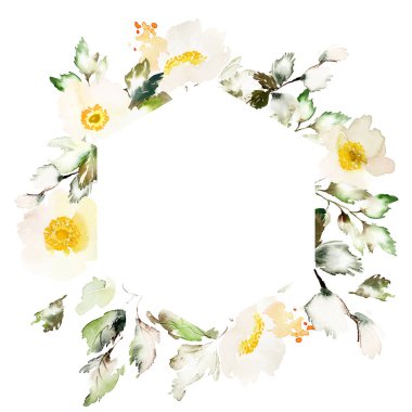 Beyaz arka planda narin şakayıklı suluboya kart. Bir buket yaz çiçeği..