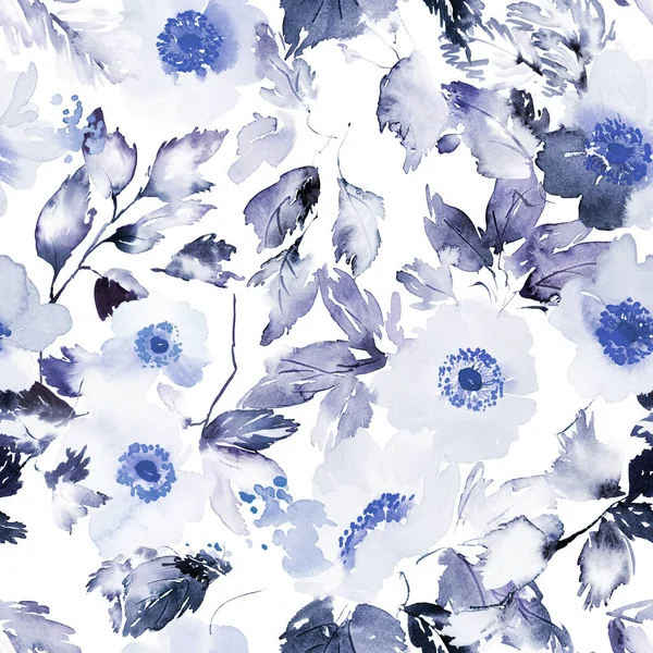 Płynny Wzór Akwareli Anemonami Bukiet Kwiatów Letnich — Zdjęcie stockowe