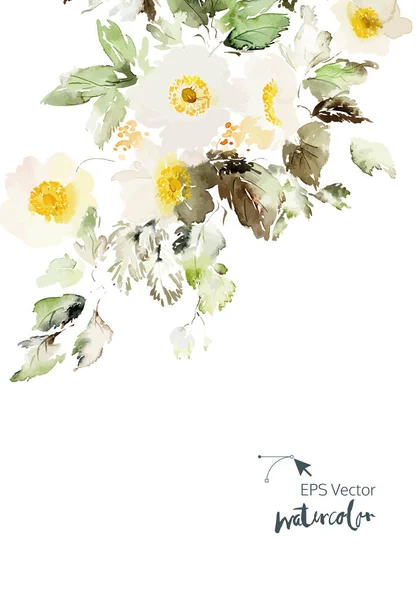 白い背景に繊細なアネモネと水彩ベクトルカード 夏の花の花束 — ストックベクタ