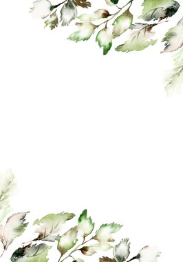 Düğün davetiyesi, tebrik kartı, suluboya resim, modern tarzda beyaz arka planda bitki unsurları..