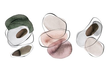 İskandinav tarzında bir dizi soyut suluboya kompozisyon. Beyaz arkaplanda geometrik şekiller